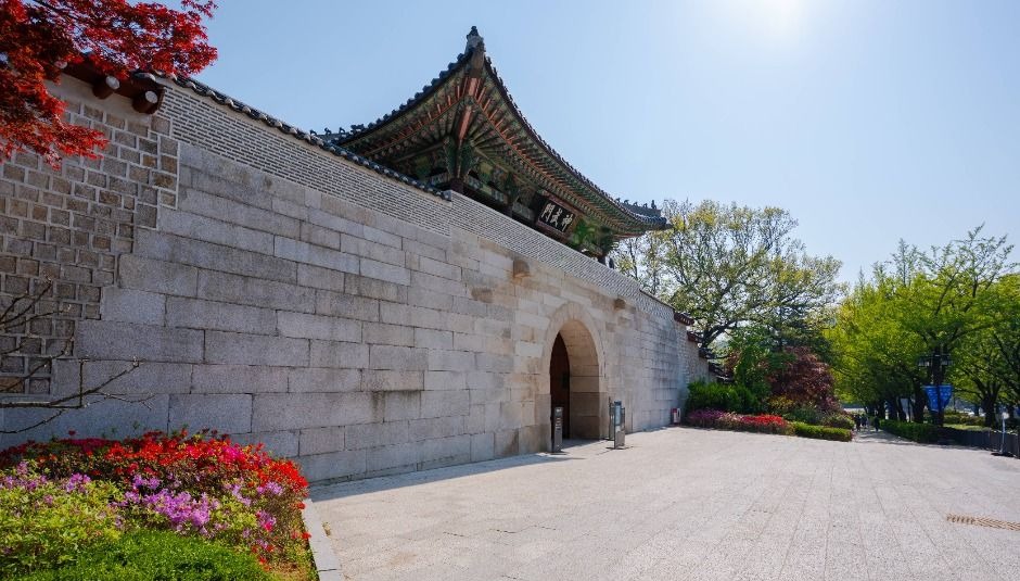 꽃이 핀 담장 옆으로 보이는 청와대 관람 출입문과 전통 지붕