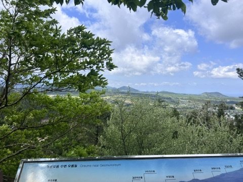 거문오름 전망 지점의 주변 오름 안내판과 먼 풍경