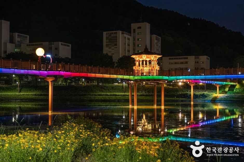 화려한 조명이 켜진 괴산 오작교와 강물에 비친 야경
