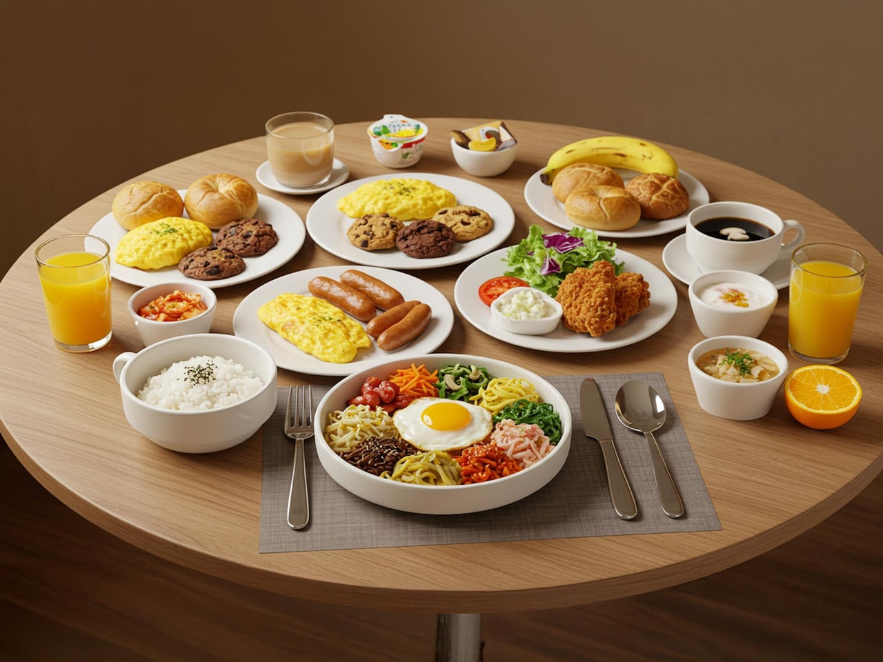 여러 음식이 차려진 호텔 스카이파크 센트럴 명동 조식 메뉴
