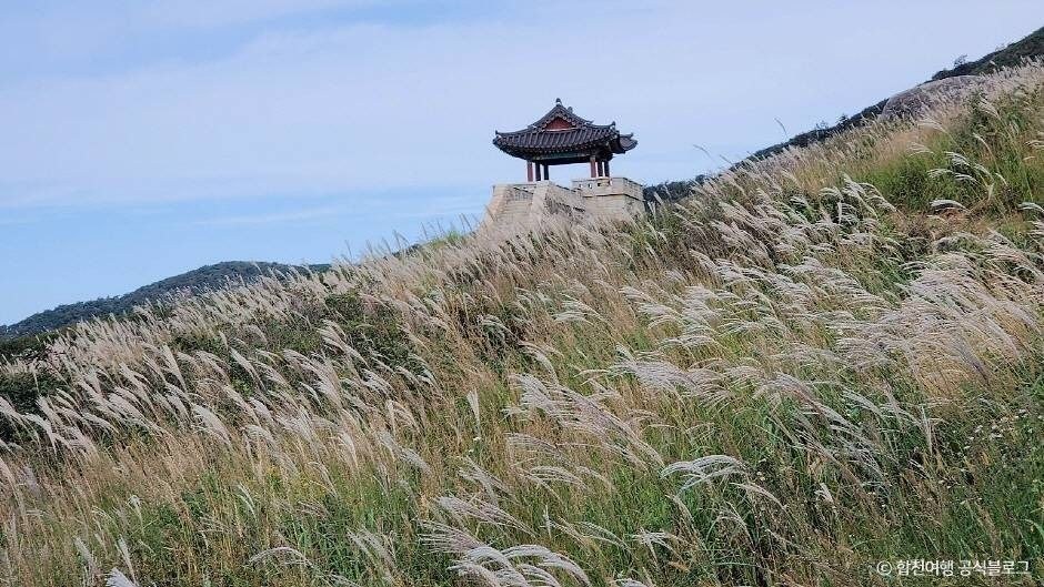 은빛 억새 언덕 위로 정자가 서 있는 황매산 능선