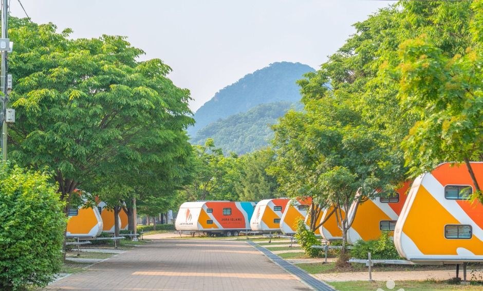 나무 사이로 늘어선 자라섬 카라반 캠핑장 전경