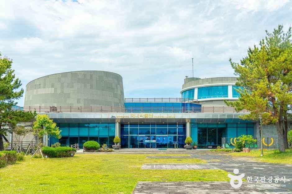 원형 전시동과 유리 외벽을 가진 제주해녀박물관 건물 전경