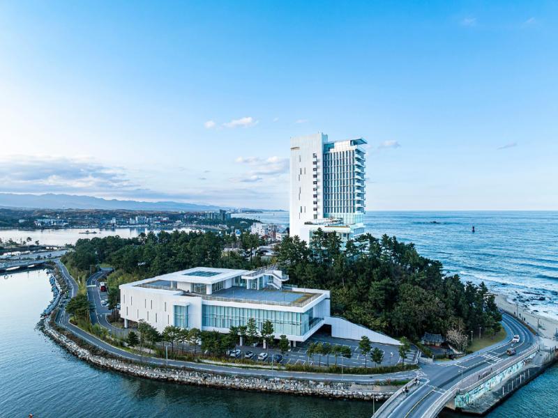 수변 풍경과 함께 보이는 씨마크 호텔 강릉 건물과 공용 공간