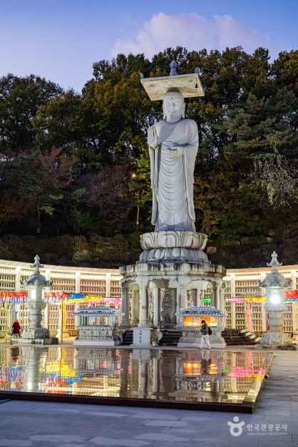 도심 빌딩 사이 봉은사 전통 건물과 나무