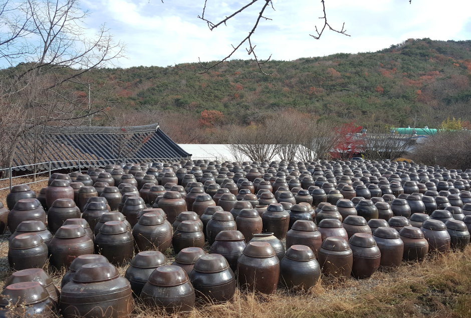 산자락 아래 넓은 마당에 크고 작은 된장독 수백 개가 줄지어 늘어선 서운암 장독대 풍경