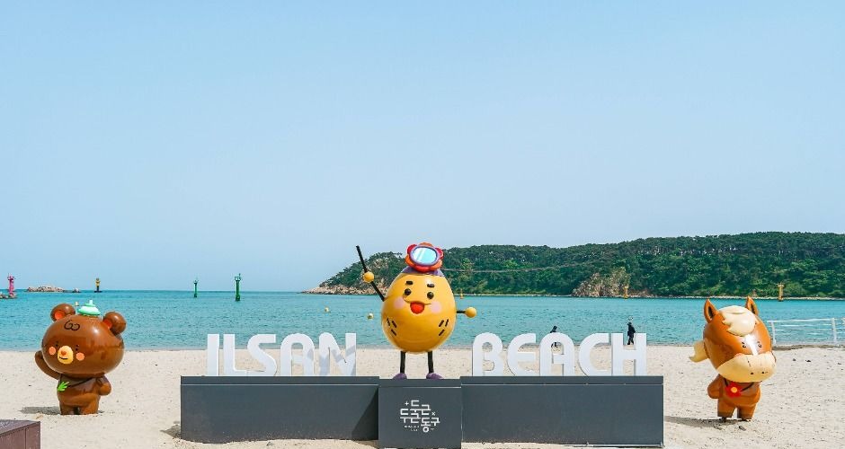 일산해수욕장 백사장과 해변 시설이 보이는 풍경