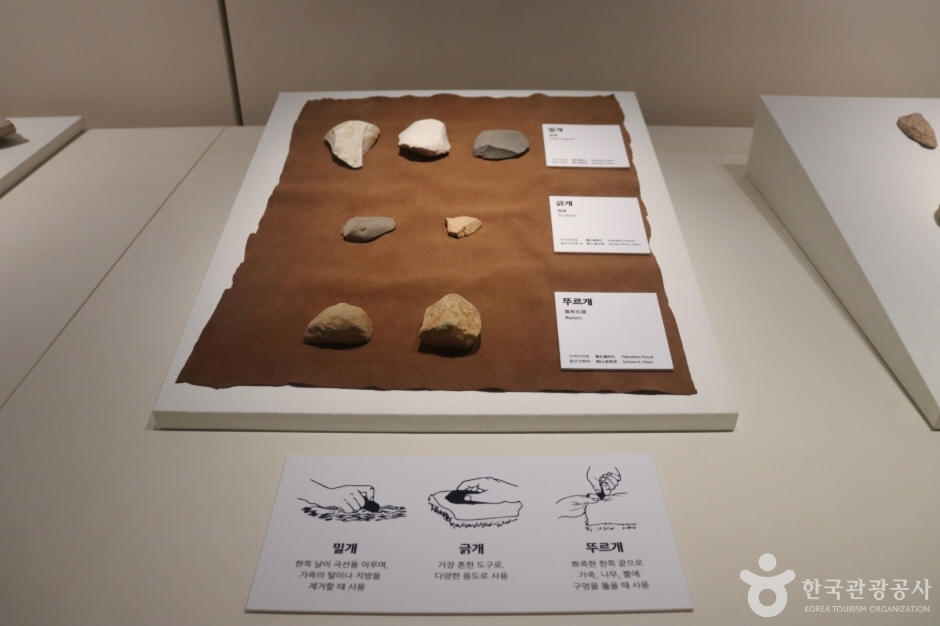 울산박물관에 전시된 밀개, 긁개, 뚜르개 등 석기