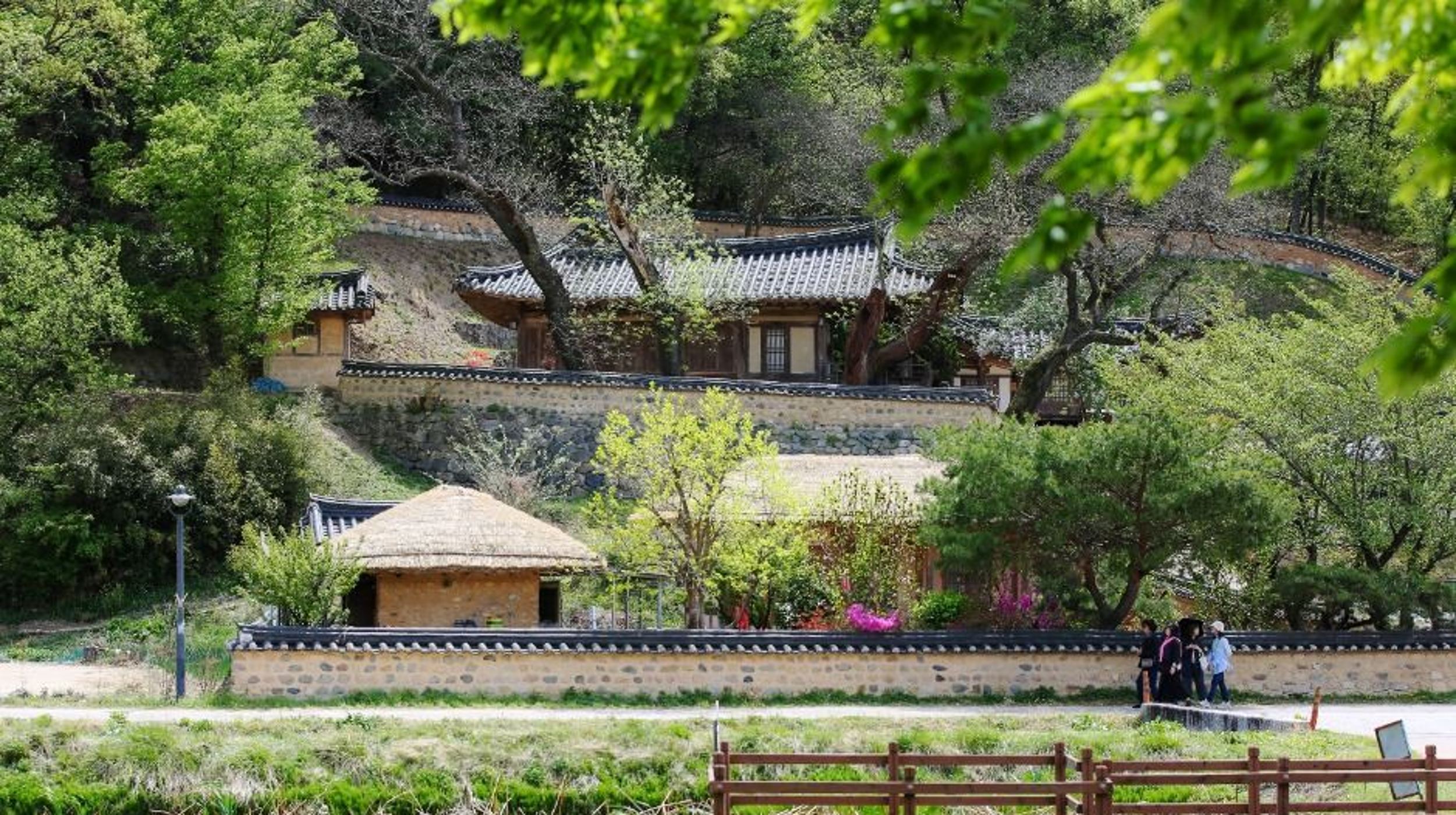 산기슭에 기와집과 초가집이 함께 자리한 양동마을 전경