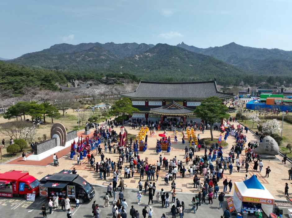 산자락 아래 한옥 사당 앞 넓은 광장에서 전통 복식을 갖춘 행렬과 많은 관람객이 모여 있는 왕인박사 유적지를 위에서 내려다본 모습