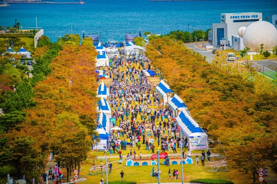 가을 단풍 든 나무 사이로 천막과 방문객이 가득한 영도 축제 공원을 위에서 본 장면